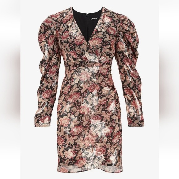 EXPRESS Floral Metallic Gold Puff Sleeve Shoulder Sheath Wrap Dress Size large - Picture 14 of 15